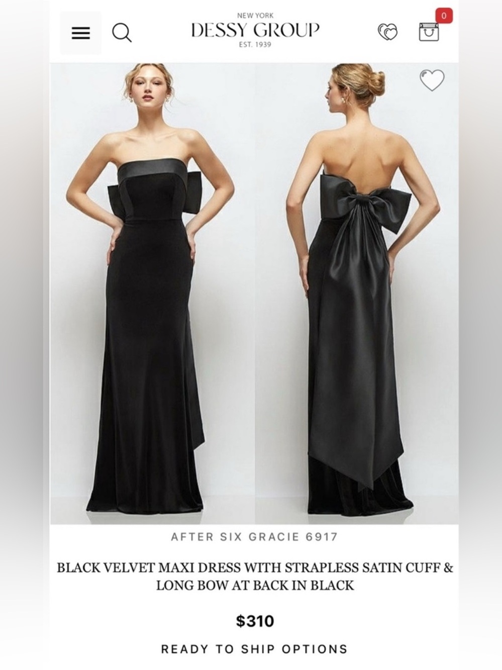 After Six Black Strapless Velvet Maxi with Satin Back Bow